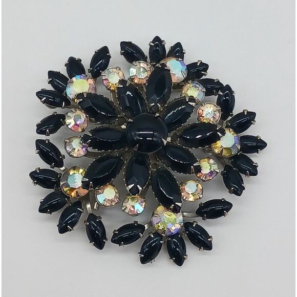 Amazing Bold Black Navette Prong Set Round Aurora Borealis Rhinestone Brooch Vtg - Picture 7 of 11